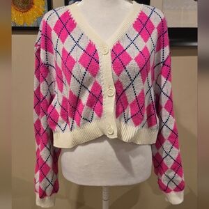 Women's Pink Oversized Argyle Cropped V-neck Cardigan Sweater